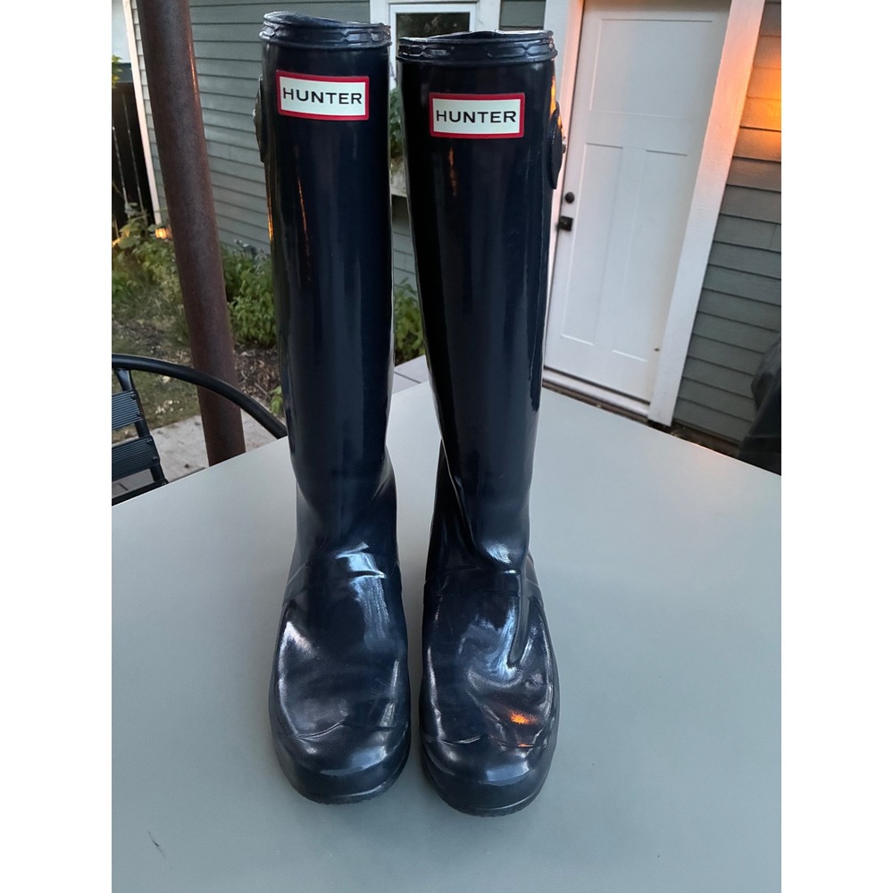 Hunter Original Tall Gloss Rain Boots Navy Blue Waterproof Wellington US 8